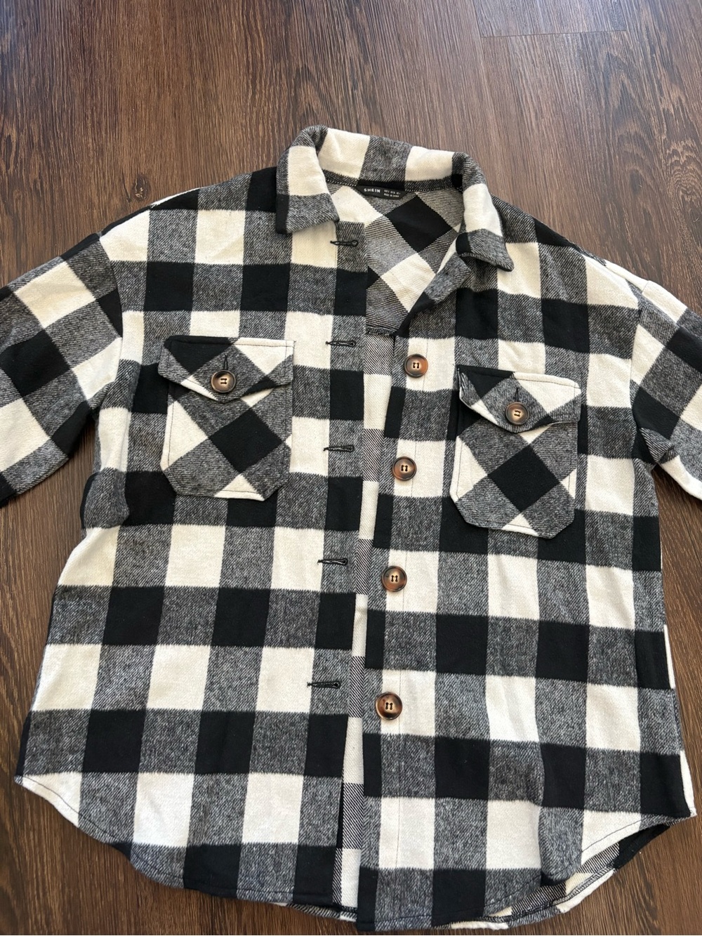 SHEIN Black and White Buffalo Plaid Lightweight Button-Up Shacket